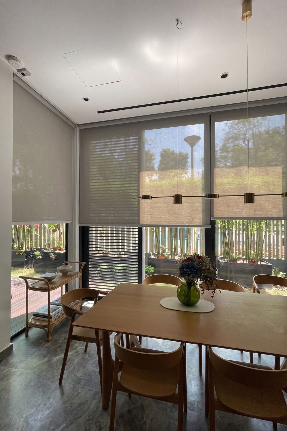 Sunscreen roller blinds installed in a landed home dining room, Bukit Timah, Singapore — by Cornerstone