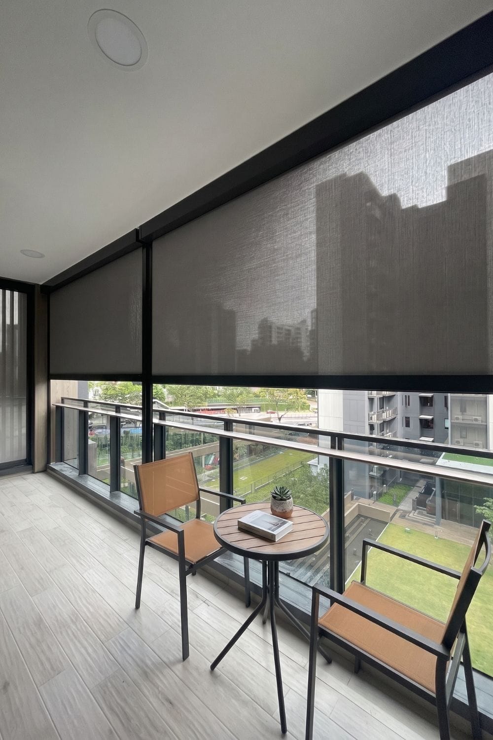 Motorised Zipscreen installed on a high-floor balcony, Leedon Green, Singapore — Cornerstone.
