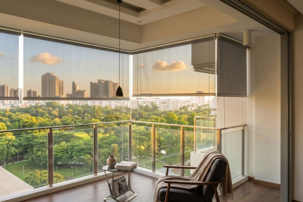 Balcony roller blinds filtering afternoon sunlight at a Bishan condo in Singapore by Cornerstone