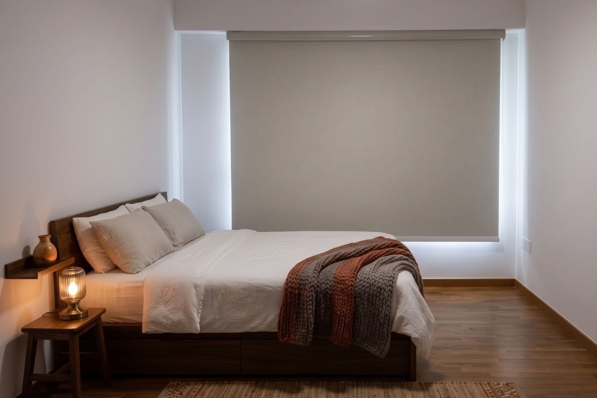 Bedroom blackout roller blinds in a Punggol HDB, Singapore by Cornerstone