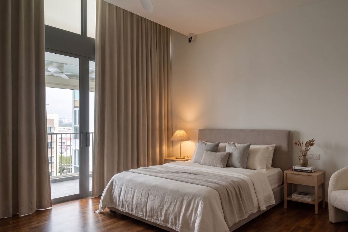 Blackout curtains in a Canberra condo bedroom, Singapore by Cornerstone