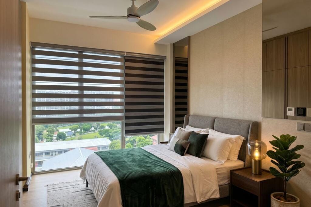 Blackout Korean blinds for a Lakeside condo bedroom in Singapore by Cornerstone