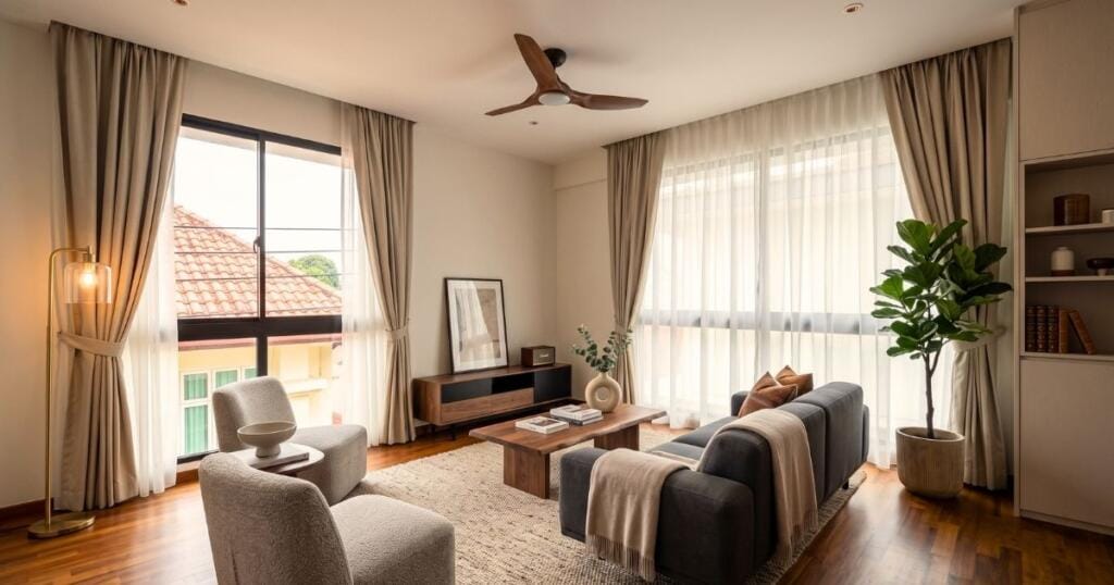 Day and night curtains in a Serangoon living room, Singapore by Cornerstone