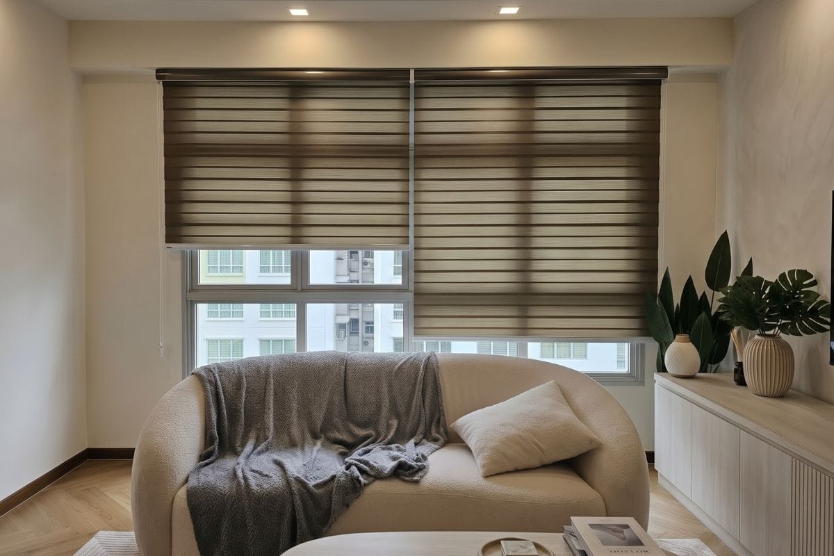 Combi blinds filtering daylight in a Bishan living room, Singapore by Cornerstone