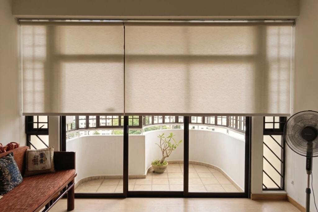 Dimout roller blinds for a Cashew condo living room, Singapore by Cornerstone