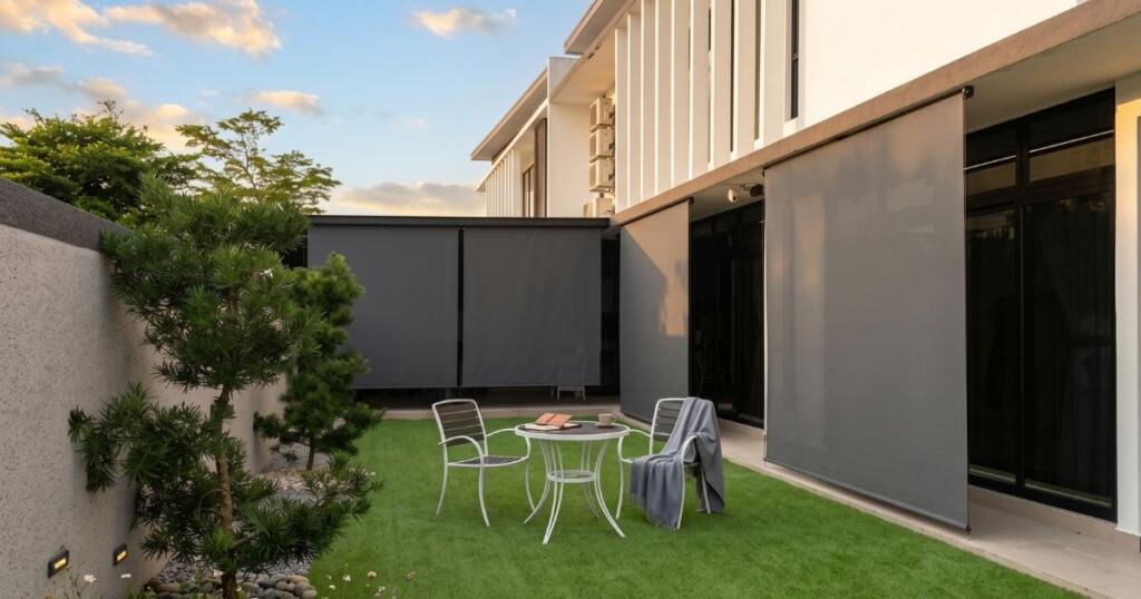 Exterior roller blinds providing shade for a landed outdoor area in Novena, Singapore by Cornerstone