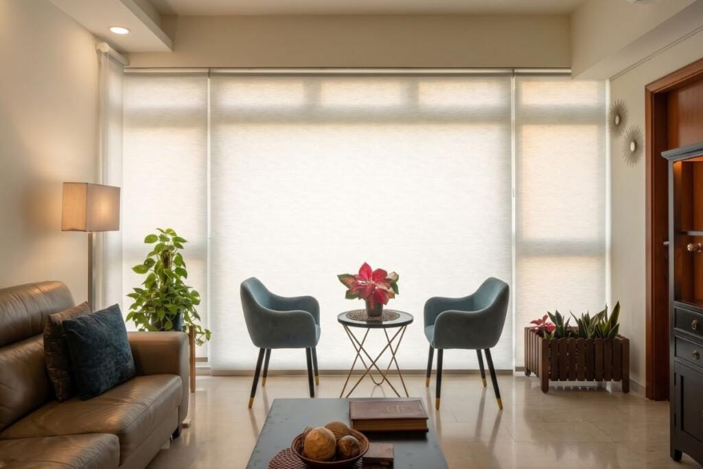 Dimout light-filtering roller blinds in an East Coast condo, Singapore by Cornerstone