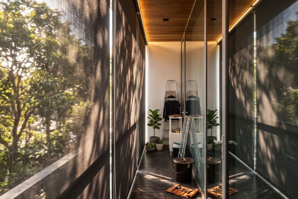 Outdoor sunscreen blinds along a sheltered balcony in Yio Chu Kang, Singapore by Cornerstone