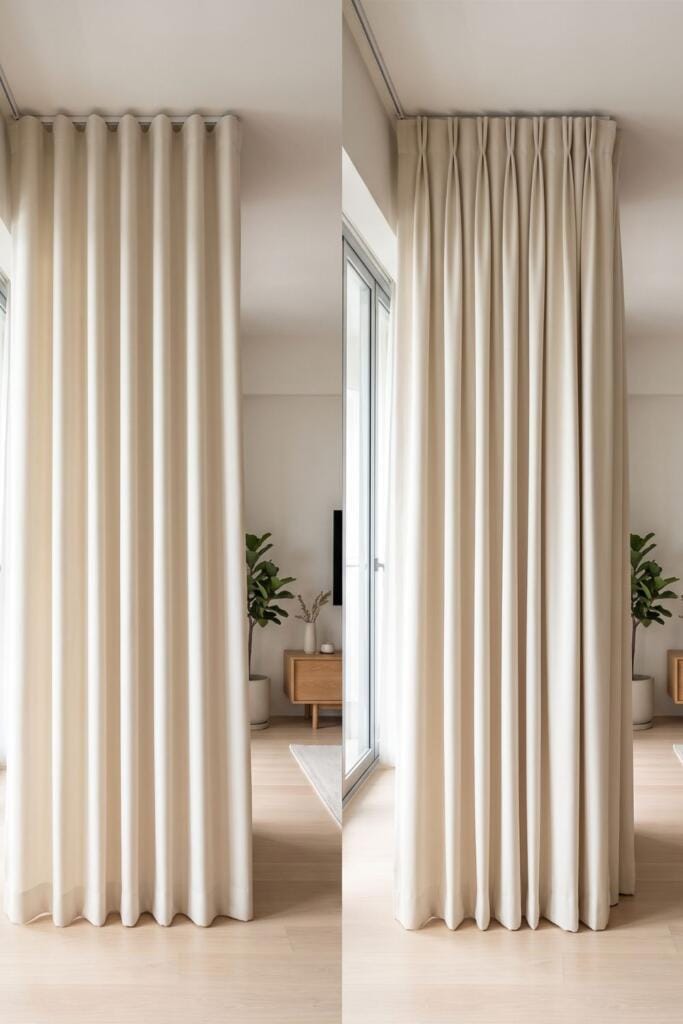 S-fold and double pleat curtain styles compared in Singapore by Cornerstone