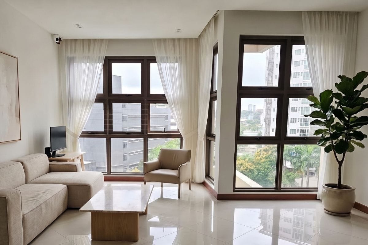 Sheer day curtains for a Marymount condo living room, Singapore by Cornerstone