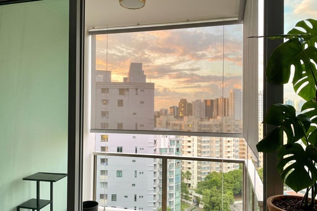 Sunscreen balcony blinds filtering sunset light in River Valley, Singapore by Cornerstone