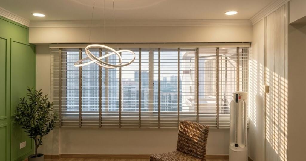 Timber Venetian blinds for natural light control in a Singapore living room by Cornerstone