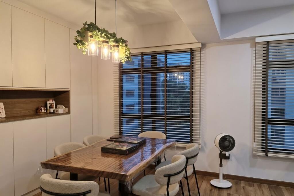 Wood Venetian blinds for a Punggol HDB dining area in Singapore by Cornerstone
