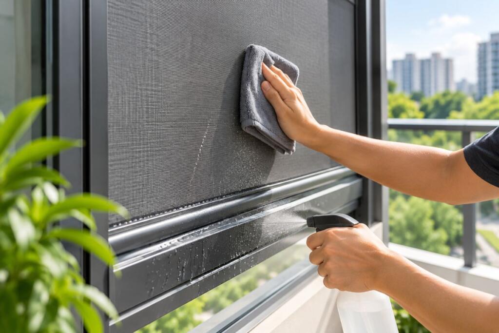 Cleaning ZipScreen fabric and tracks on a Singapore balcony