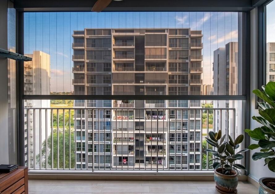 ZipScreen installed on a modern Singapore condo balcony