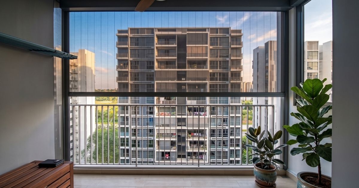 ZipScreen installed on a modern Singapore condo balcony